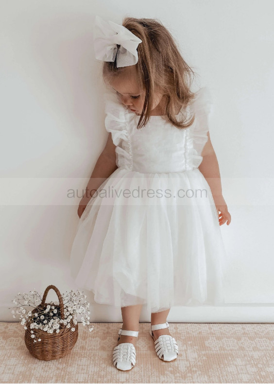 Flutter Sleeves Ivory Cotton Tulle Gorgeous Flower Girl Dress